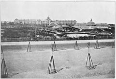 View over the newly established University of Copenhagen Botanical Garden in the 1870s with Kommunehospitalet in the background, Copenhagen, Denmark