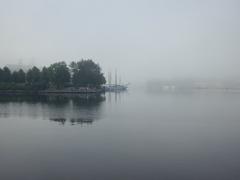 Stockholm waterfront on a misty morning with Vasa Museum in the background