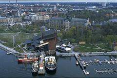 Aerial view of Djurgården featuring the Vasamuseet and Nordiska museet