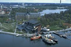 Djurgården aerial view featuring Vasamuseet and Nordic Museum buildings