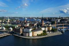 panoramic view of Riddarholmen in Stockholm at sunset