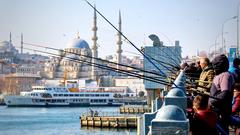 Galata Bridge with fishers casting lines into the Golden Horn, Istanbul