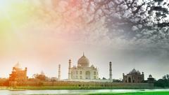 Taj Mahal with reflecting pool and fountains