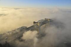 Burrard Street Bridge during a winter sunrise with bay fog