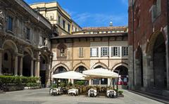 North side of Piazza Mercanti in Milan with Palazzo delle Scuole Palatine, Casa Panigarola, and Palazzo della Ragione