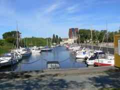 View of the former castle moat now a yacht club harbor in Klaipėda's old town facing north