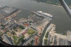 Klaipėda Castle site and the mouth of the Danė River in Klaipėda, aerial view from the northeast