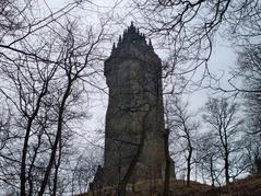 Wallace Monument amidst forest branches on an overcast day