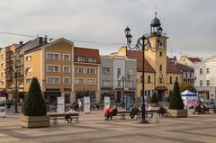 Rybnik Town Square with colorful historic buildings