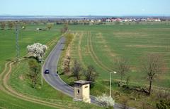 View from Jenštejn Castle tower towards Dražice road, Dřevčice, and northern Bohemia