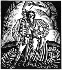 Wood engraving of Janosik with a girl