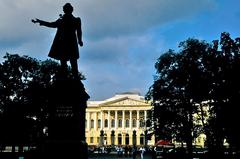 Pushkin statue and Mikhaylovsky Palace in Arts Square, Saint Petersburg