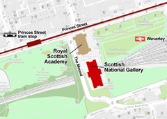 Map of central Edinburgh highlighting the Scottish National Gallery and the Royal Scottish Academy buildings