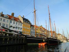 A panoramic view of Copenhagen cityscape with historic and modern buildings under a clear blue sky