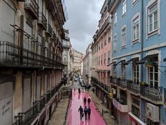 Lisbon Pink Street aerial view with pedestrians