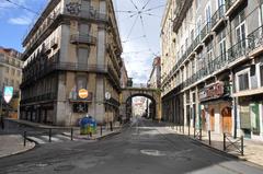 Lisbon street with traditional buildings and tram