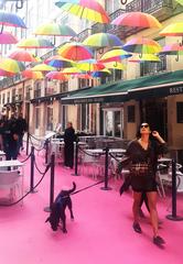 Pink Street in Lisbon with people walking and colorful buildings