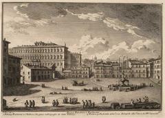 Historic illustration of Piazza Barberini in Rome featuring Palazzo Barberini, The Obelisk, Fontana del Tritone, and pedestal of the cross in front of Convento dei Padri Cappuccini.