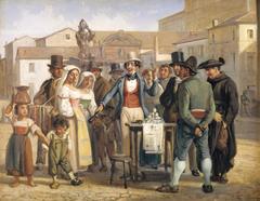 painting of a street vendor selling blacking in Rome's Piazza Barberini