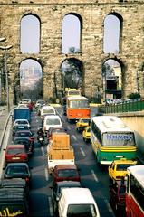 Traffic congestion at Atatürk Boulevard and Valens Aqueduct in Istanbul, Turkey