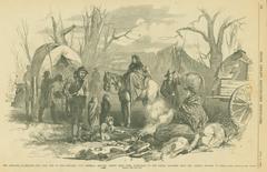 Refugees from Southern Missouri during the Civil War huddled around a fire with tents in the background