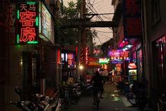 A bustling street scene in Beijing, China, showcasing people near a temple in the Forbidden City