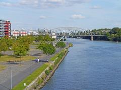 Deutschherrnbrücke and Osthafenbrücke over the Main River in Frankfurt, August 2012