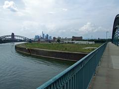 Deutschherrnbrücke, Großmarkthalle, and Honsellbrücke from Osthafen entrance in Frankfurt am Main Ostend