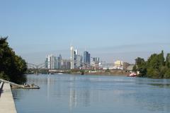 Deutschherrnbrücke bridge spanning the Main River in Frankfurt, view from the southern bank looking downstream