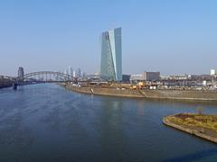 Mainpanorama with Deutschherrnbrücke, ECB new building, and Osthafen entrance. January 2014, from the Osthafenbrücke in Frankfurt am Main.