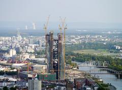 EZB construction site next to the Deutschherrn Bridge in front of the Osthafen Bridge, September 2012, by the Main River in Frankfurt.