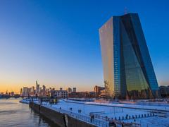 European Central Bank building in Frankfurt at dusk