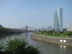 View from Honsell Bridge in Frankfurt towards Deutschherrnbrücke and European Central Bank