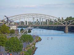 Deutschherrnbrücke and Osthafenbrücke over the Main River in Frankfurt 2012