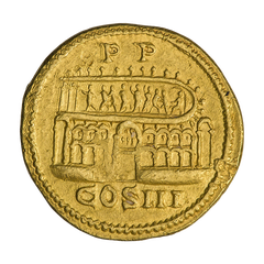 Aureus coin reverse side depicting Septimius Severus circus arena.