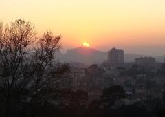 sunset behind Basilica of Notre-Dame de la Garde in winter viewed from the east