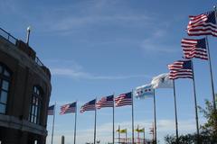 Chicago flags flying against a blue sky