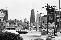 View of intersection of Wacker Drive and Clark Street with Clark Street Bridge in Chicago, October 1978