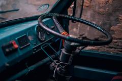 blue car dashboard and steering wheel