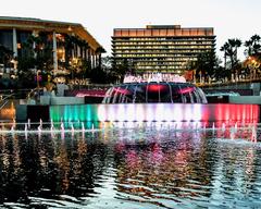 Grand Park fountain lit in Mexican flag colors