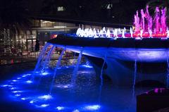 Grand Park LA fountain lit with French tricolour lights in tribute to France