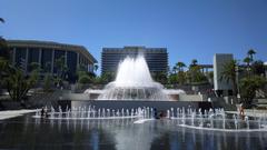 Grand Park in Downtown Los Angeles on opening day, 2012, with Arthur J. Will Memorial Fountain and Dorothy Chandler Pavilion in view