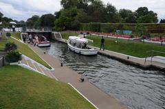 Bray Lock on the River Thames with a boat passing through