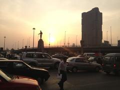 Sunset over 6th October Bridge and Ramses Hilton hotel in Cairo