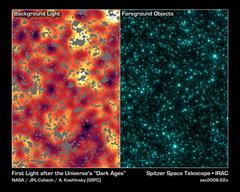 Infrared image of stars and galaxies in Ursa Major by NASA's Spitzer Space Telescope alongside the same image with cosmic sources masked out revealing background light from the early universe