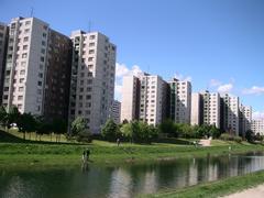 View of Chorvátske rameno and Ševčenkova street panelák with Hálova street paneláks in Bratislava, Slovakia