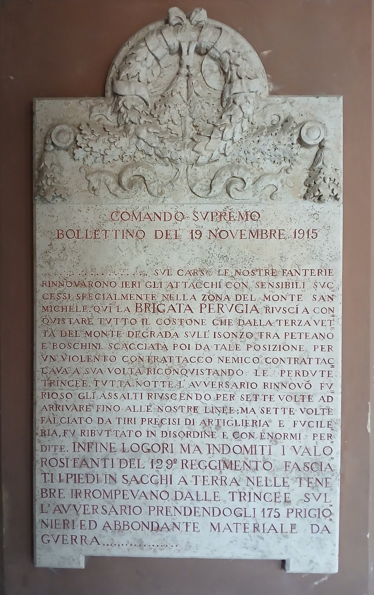 Historical Italian military bulletin from 1915 about fierce infantry battles on Monte San Michele during World War I