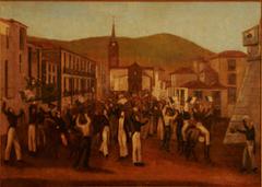 Historical scene at Praça da Fortaleza (now Praça da Constituição) on January 28, 1821, showing the liberal revolt proclamation in Funchal