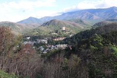 Scenic view of Gatlinburg, Tennessee from the Gatlinburg Bypass showing the town and surrounding mountains on a clear day