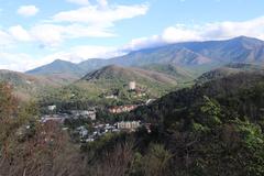 Scenic view of Gatlinburg, Tennessee with mountains and town from Gatlinburg Bypass